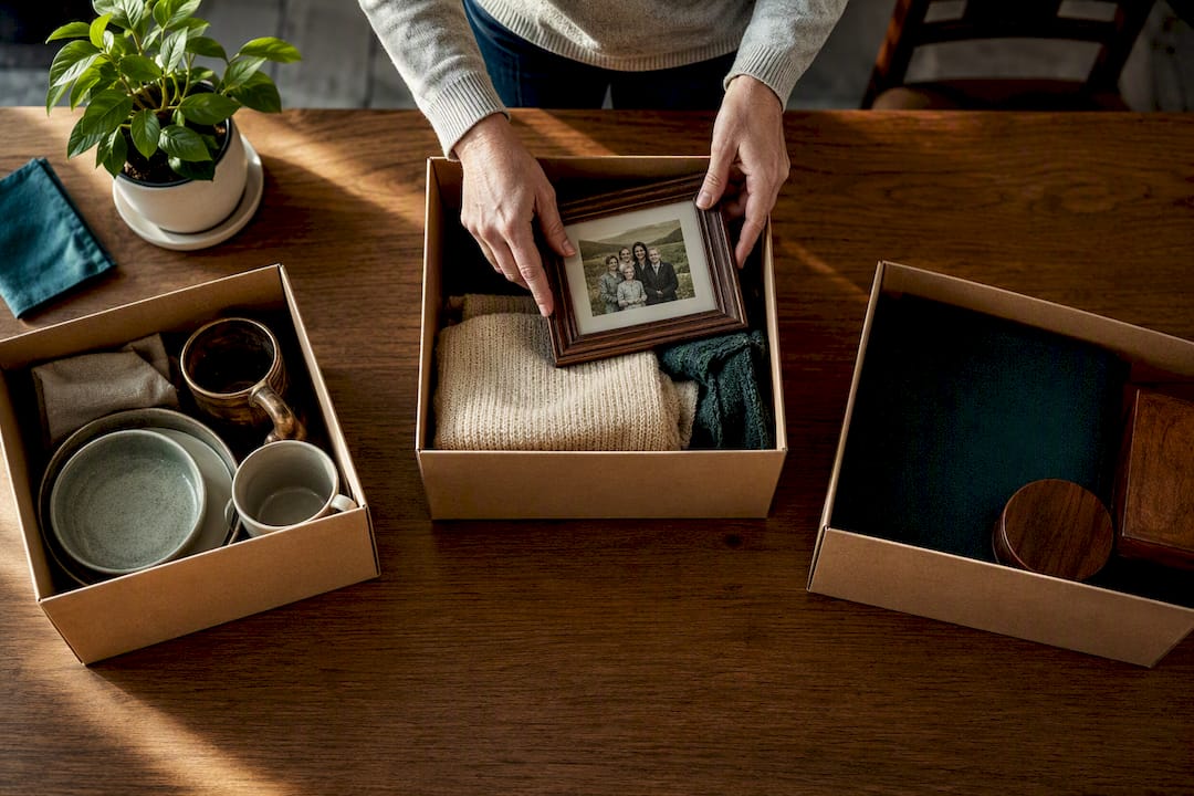 Hands sorting family belongings into boxes