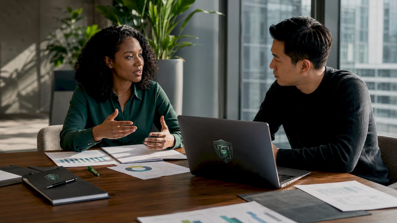 Two professionals discussing SOC 2 compliance at meeting table