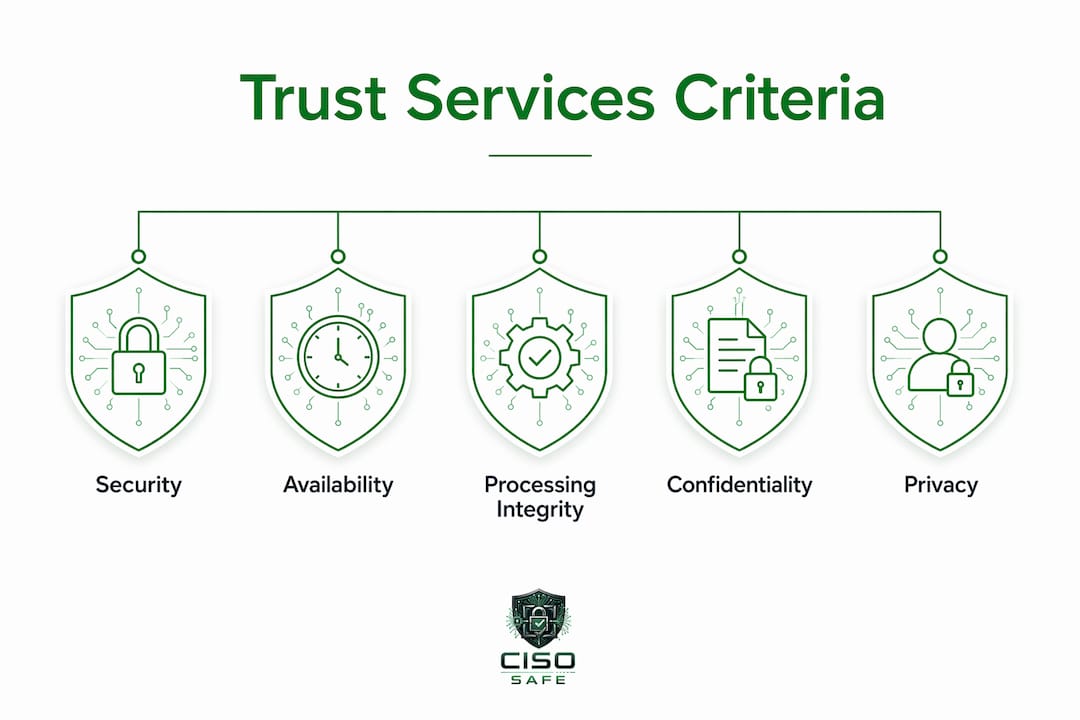 Infographic showing five SOC 2 trust services criteria hierarchy