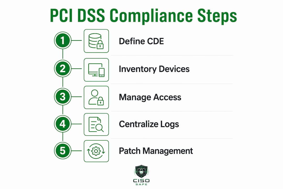 Infographic illustrating five key PCI DSS compliance steps in energy retail