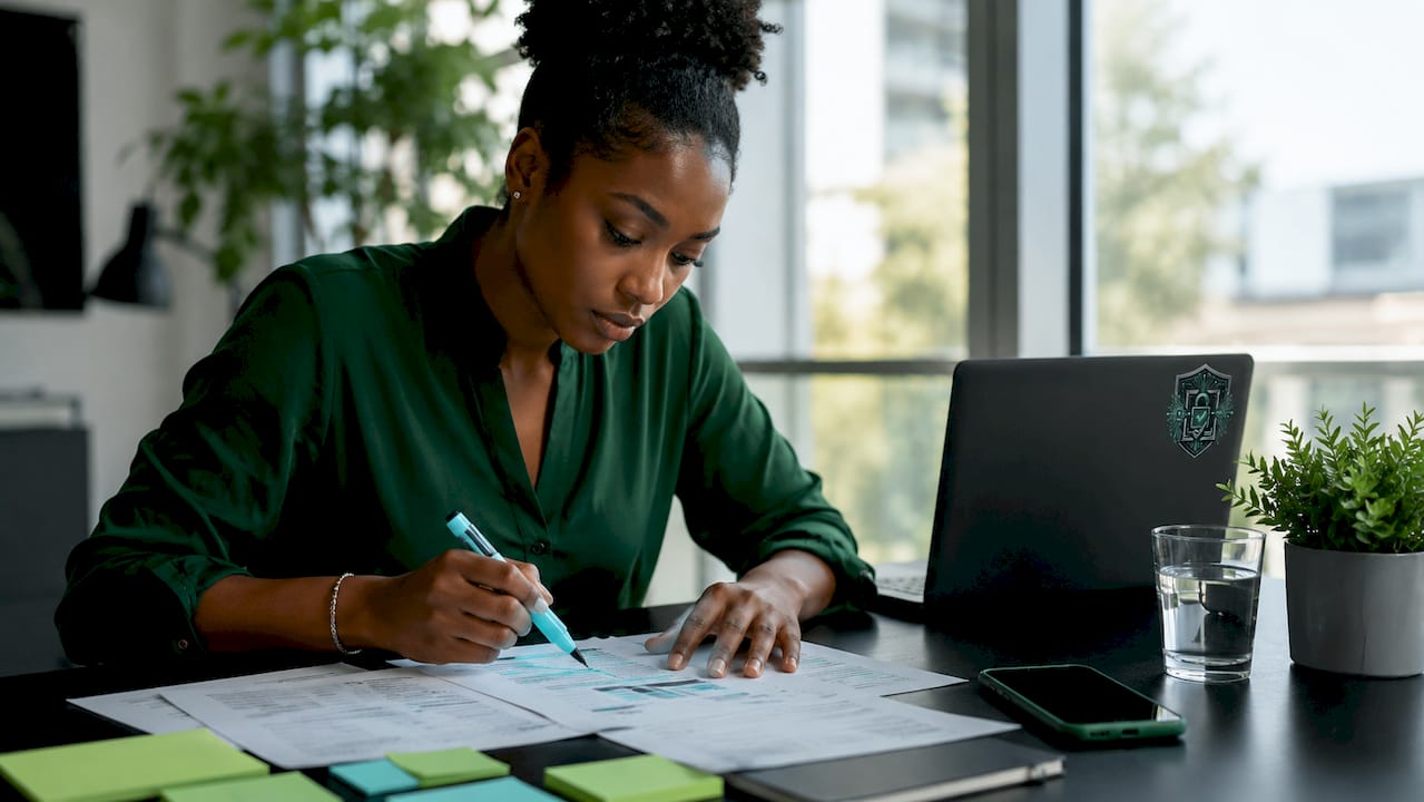 Hands highlighting cybersecurity threat data on paper