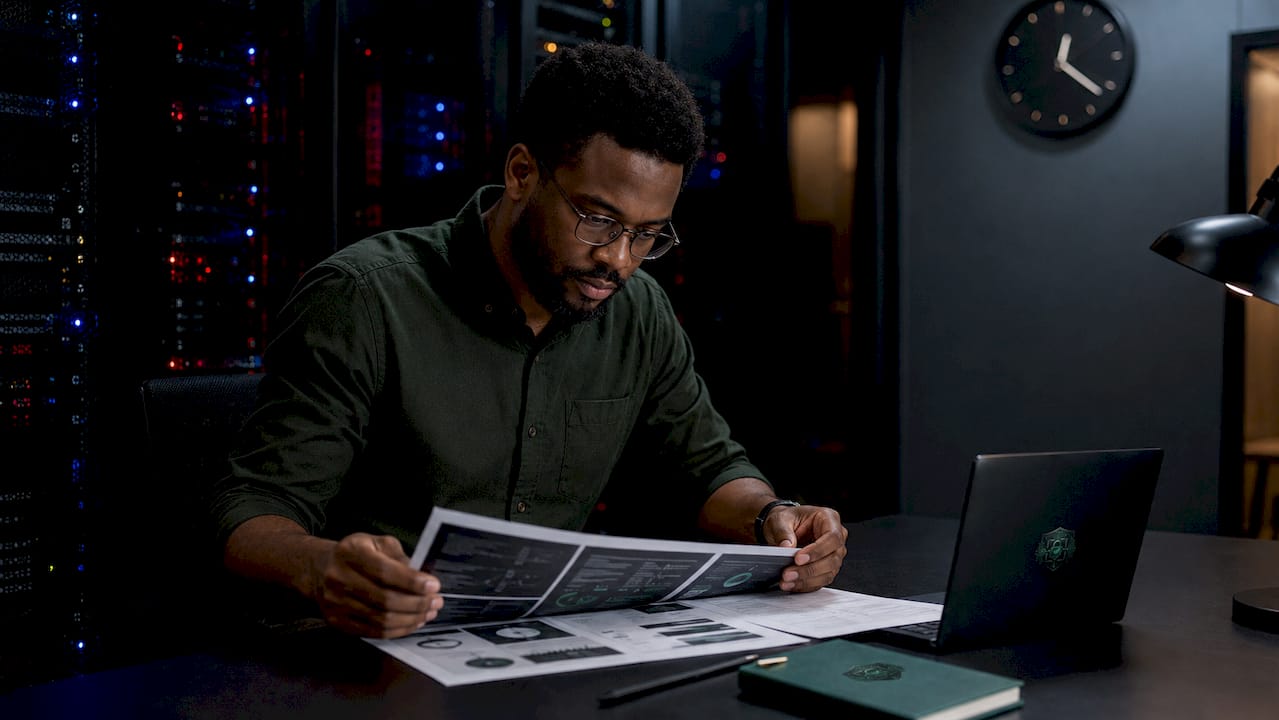IT administrator typing at keyboard in server room