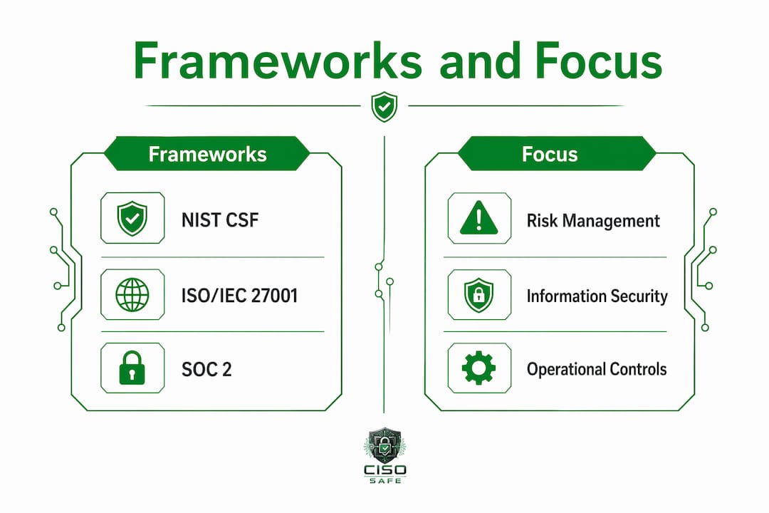 Comparison infographic of cybersecurity frameworks and focus areas