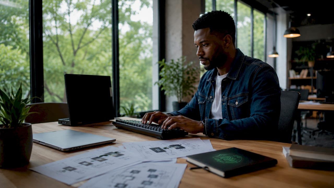 Hands typing AI cyberattack code at home desk