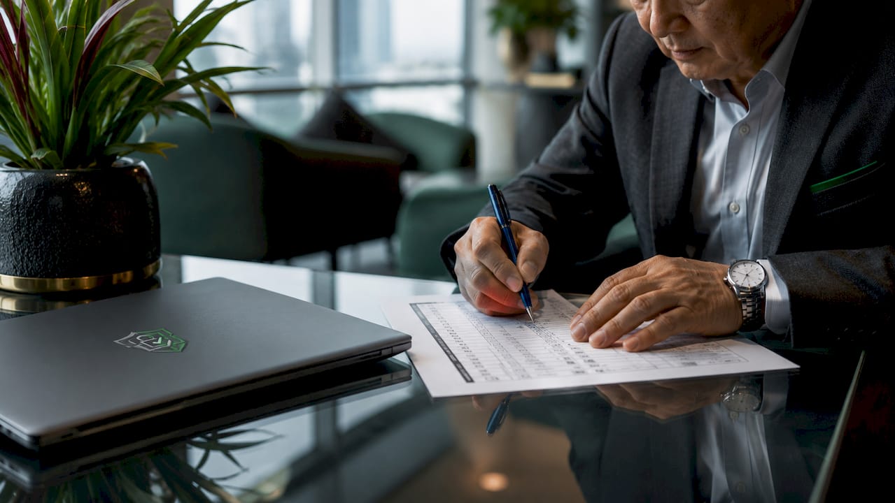 Hands holding pen over audit checklist paper