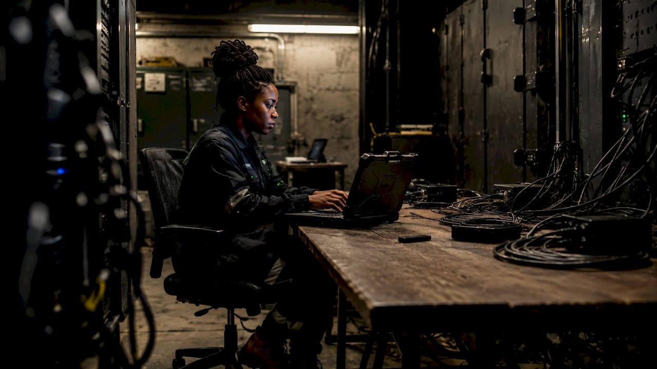 Hands typing on rugged laptop in drilling network room