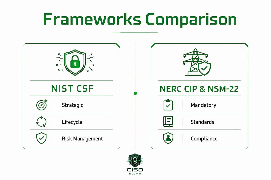 Infographic comparing NIST CSF and NERC CIP frameworks