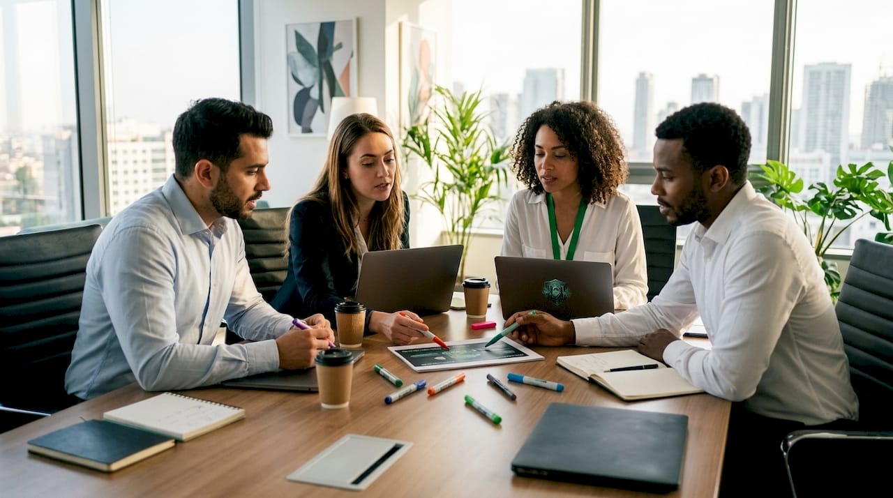 Cybersecurity team collaborating around roadmap document