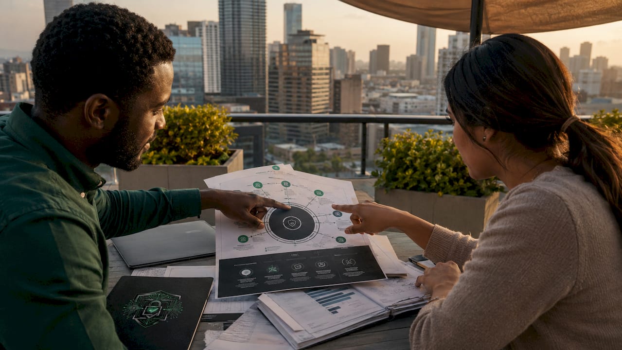 Hands pointing at cyber threat category reports on table