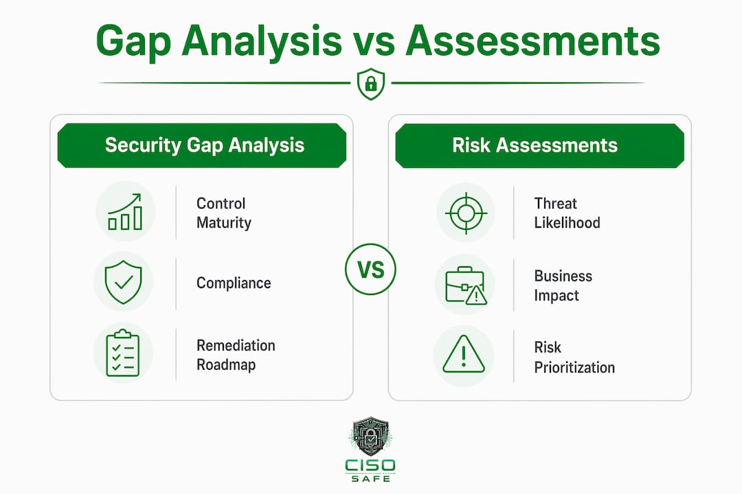 Infographic comparing security gap analysis and risk assessments