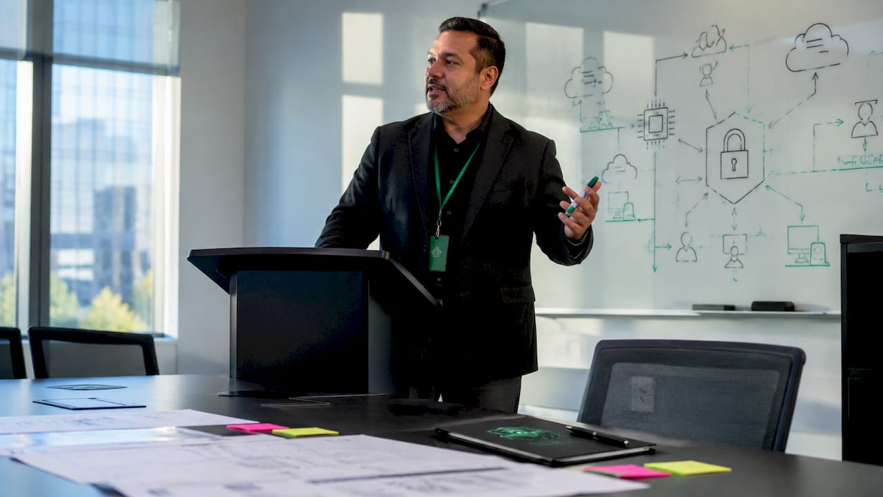IT manager typing with cybersecurity documents on desk