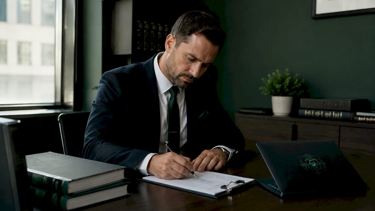 Attorney documenting cybersecurity controls at desk