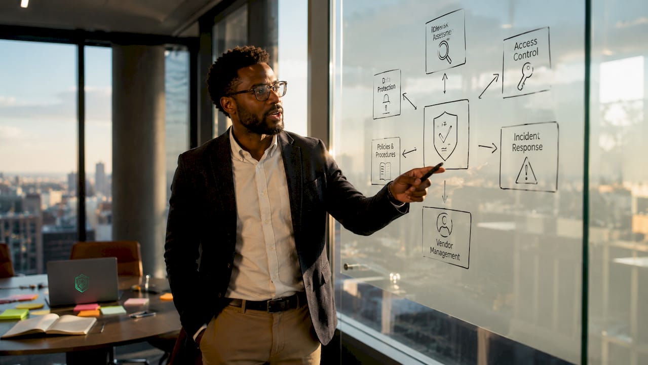 Businessman explaining compliance framework on whiteboard