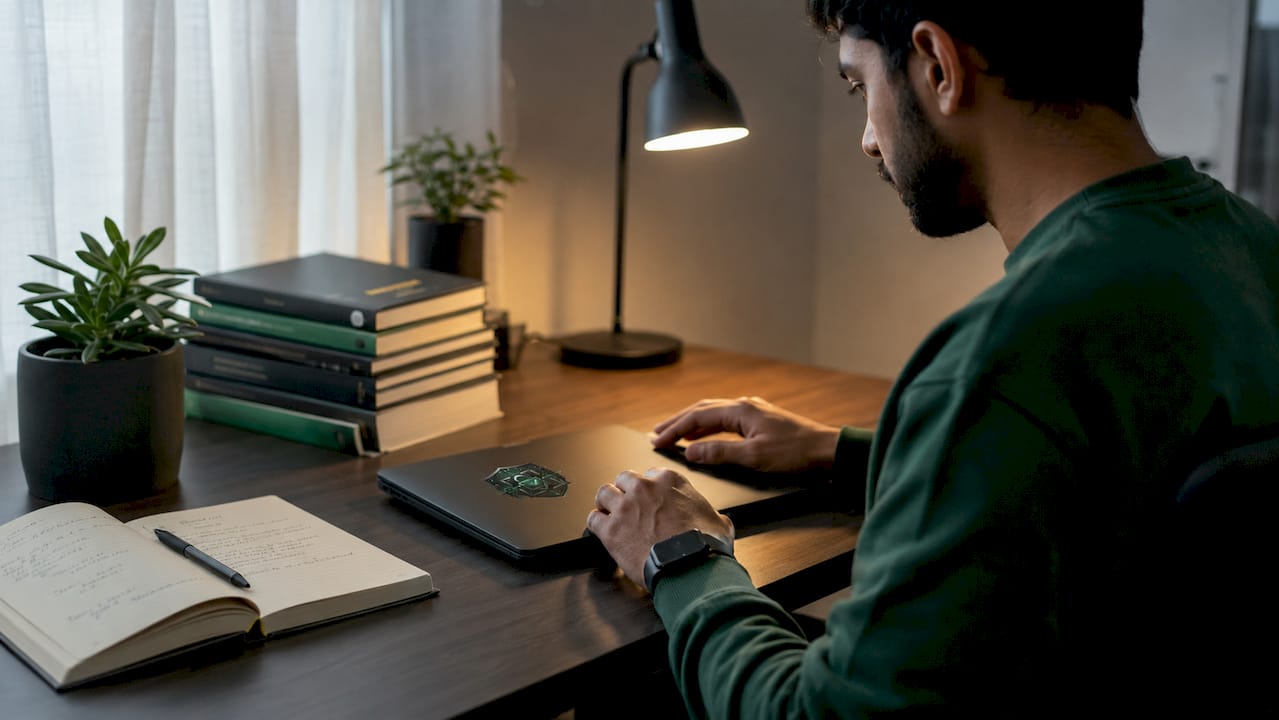 Hands typing on laptop at cluttered desk