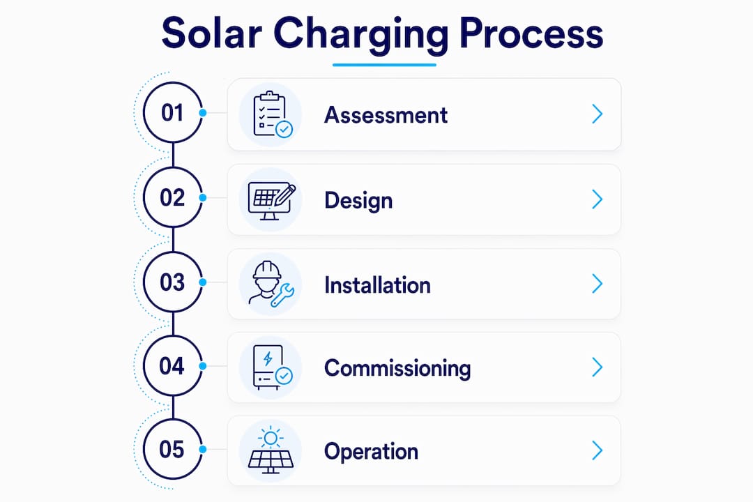 Infographic showing five steps of commercial solar charging integration