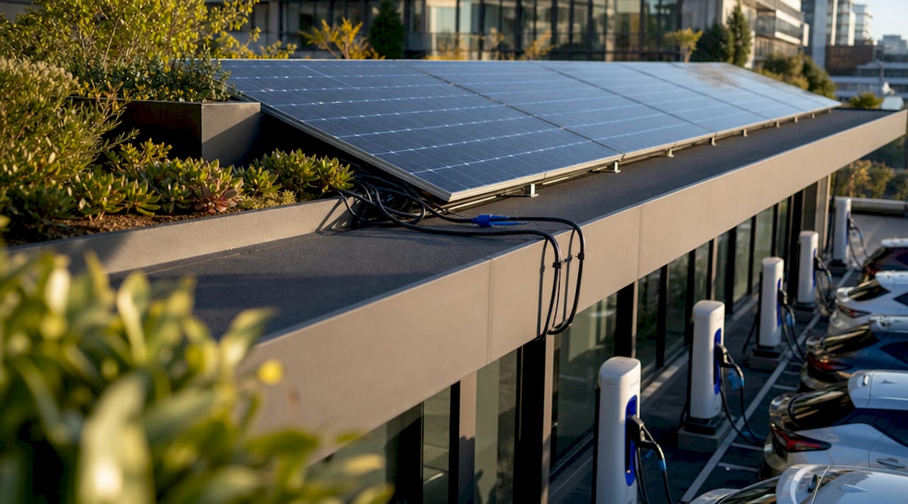 Rooftop solar array paired with EV charging stations