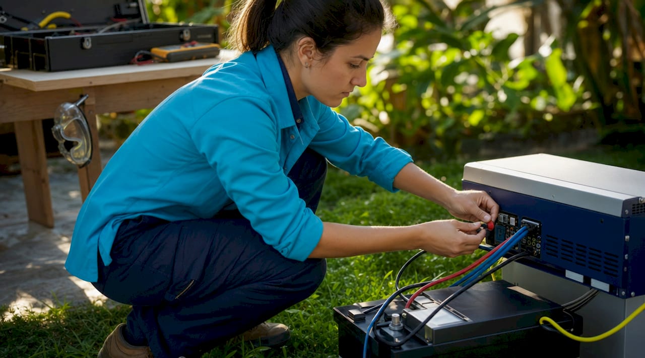 Technician wiring solar battery to inverter connections