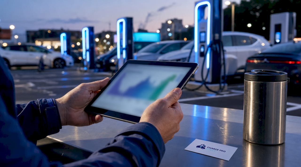 Hands checking financial data near EV chargers
