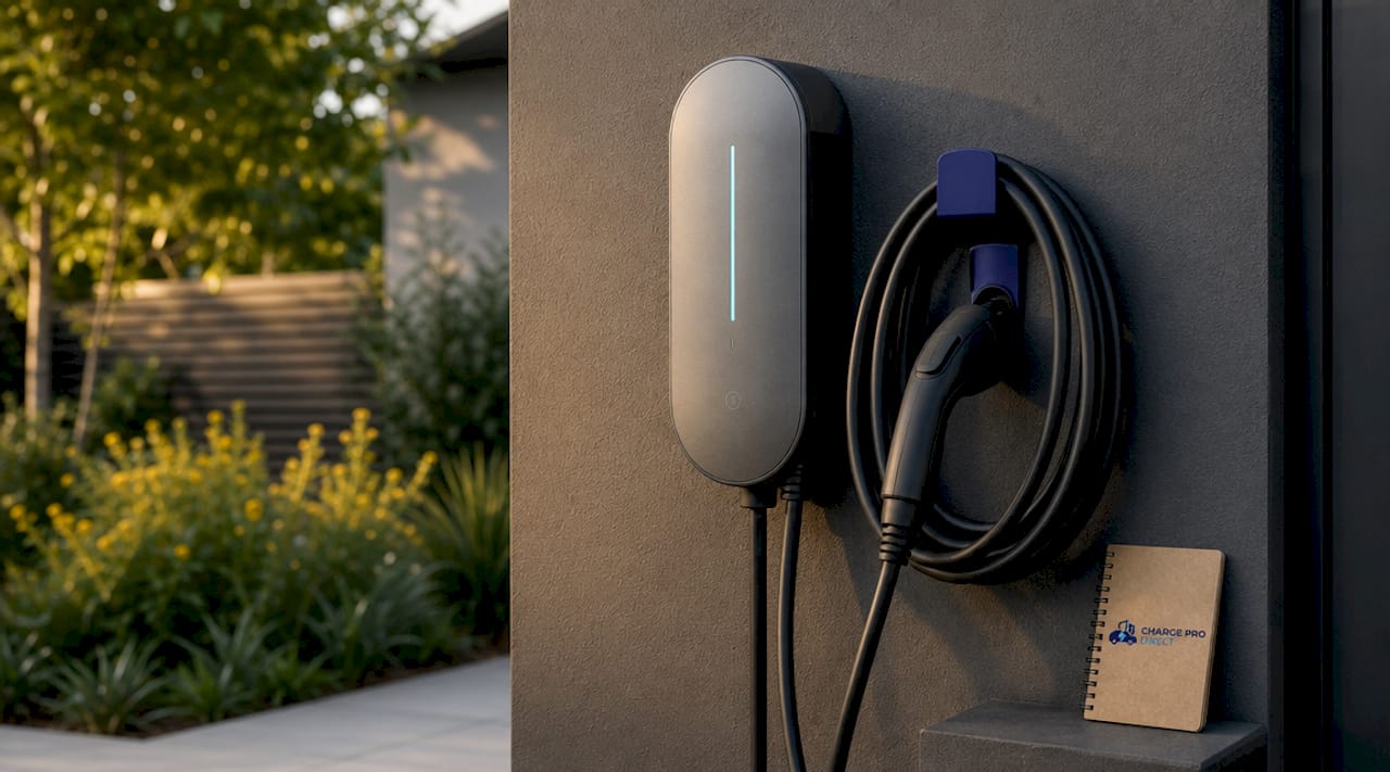 Close-up of Level 2 EV charger on garage wall