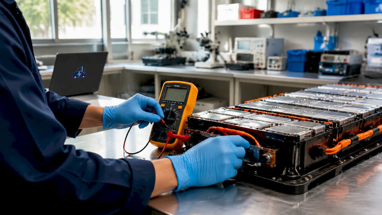 Hands measuring battery charging amps with multimeter