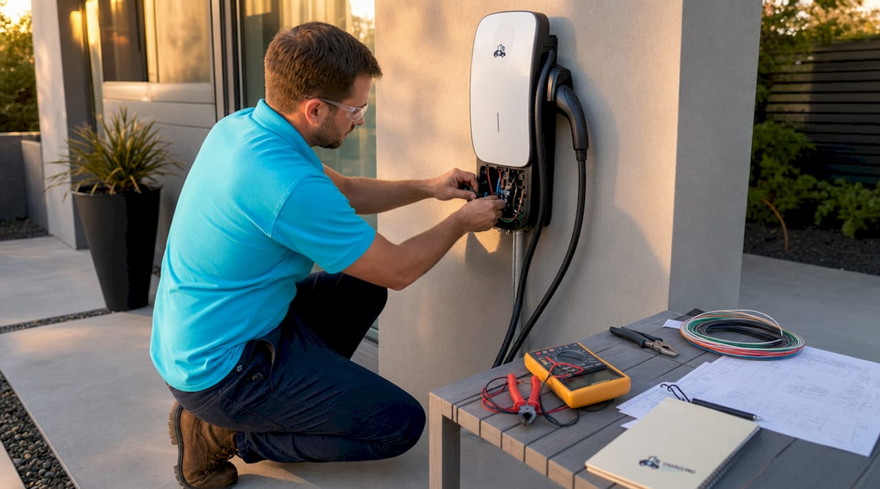 Electrician wiring home EV charger installation