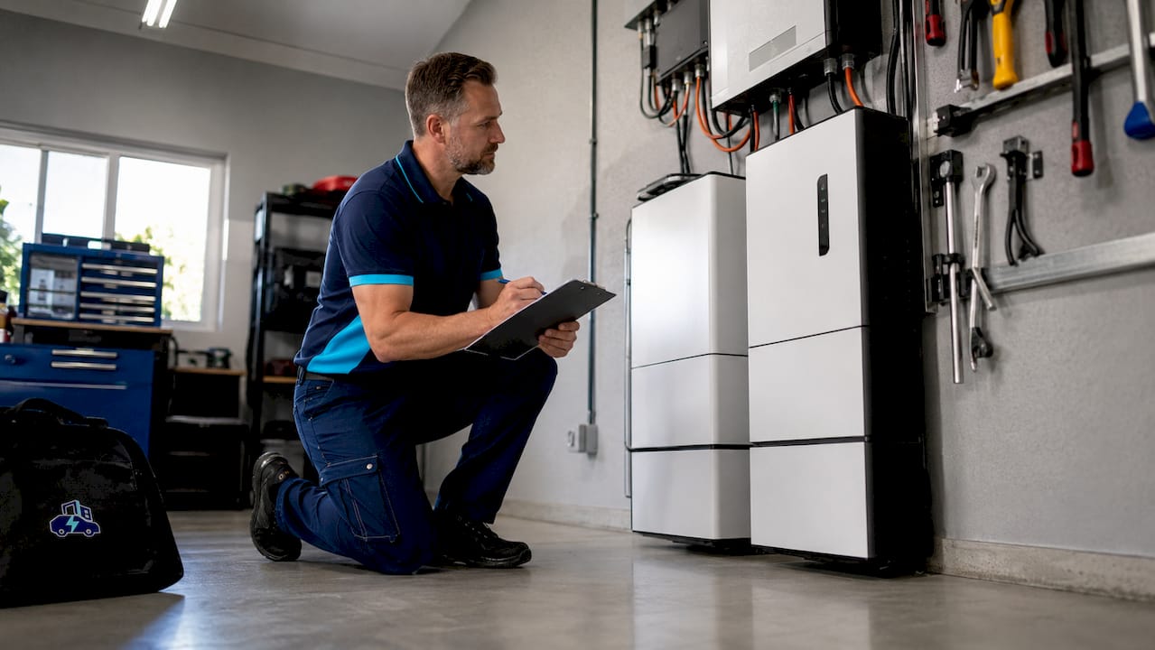 Technician inspecting whole home battery installation