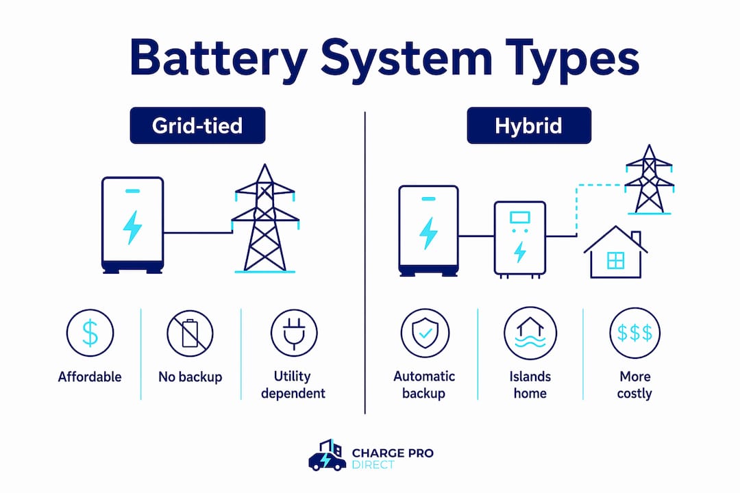 Infographic comparing grid-tied and hybrid battery systems