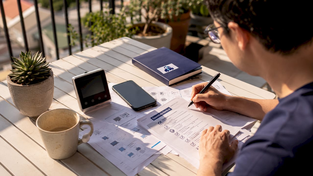 Overhead shot of hands planning home battery backup essentials