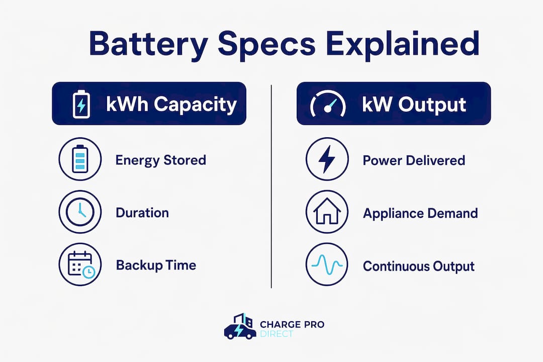 Infographic comparing battery kWh capacity and kW output