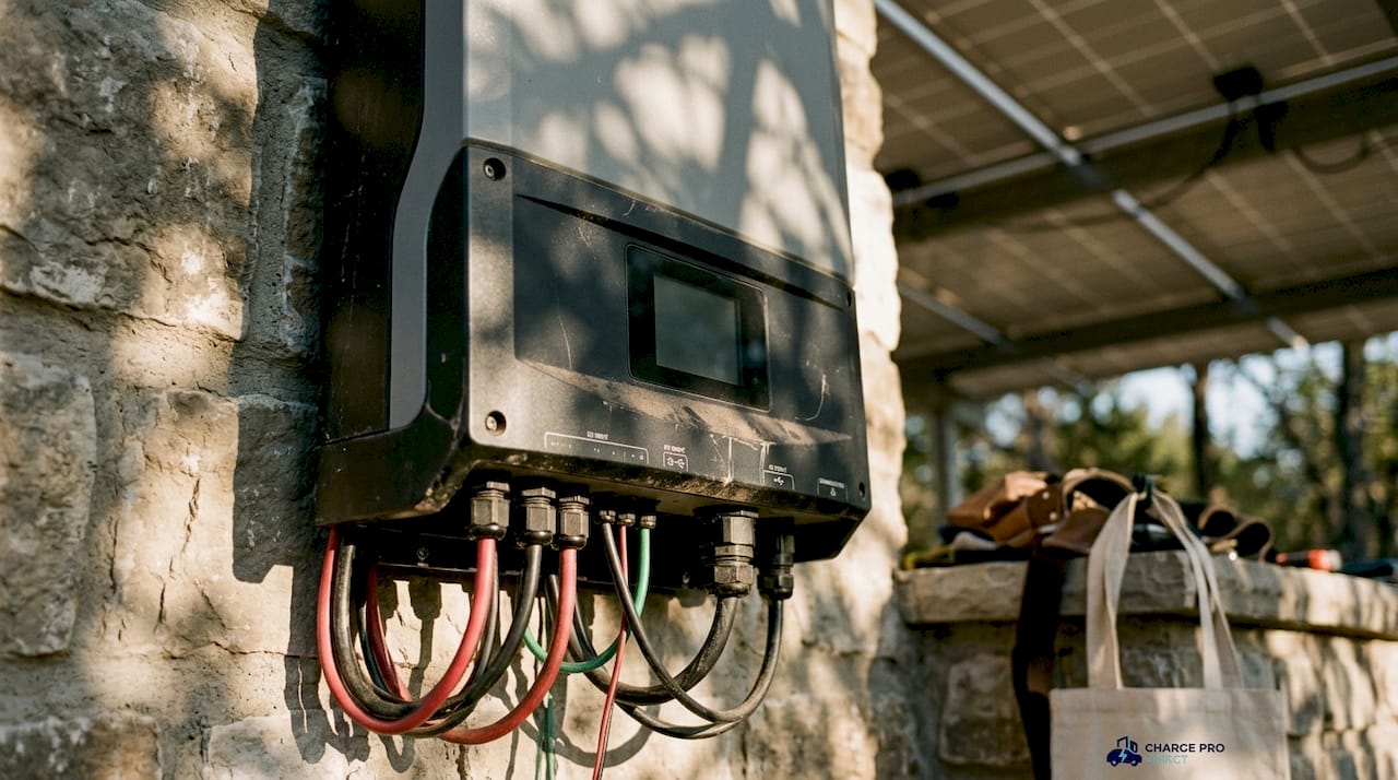 Close-up of string inverter under solar panel shade