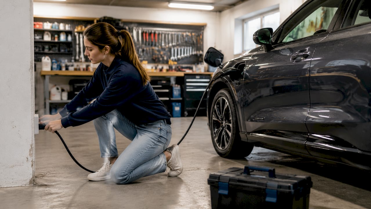 Woman plugging Level 1 EV charger in garage wall outlet