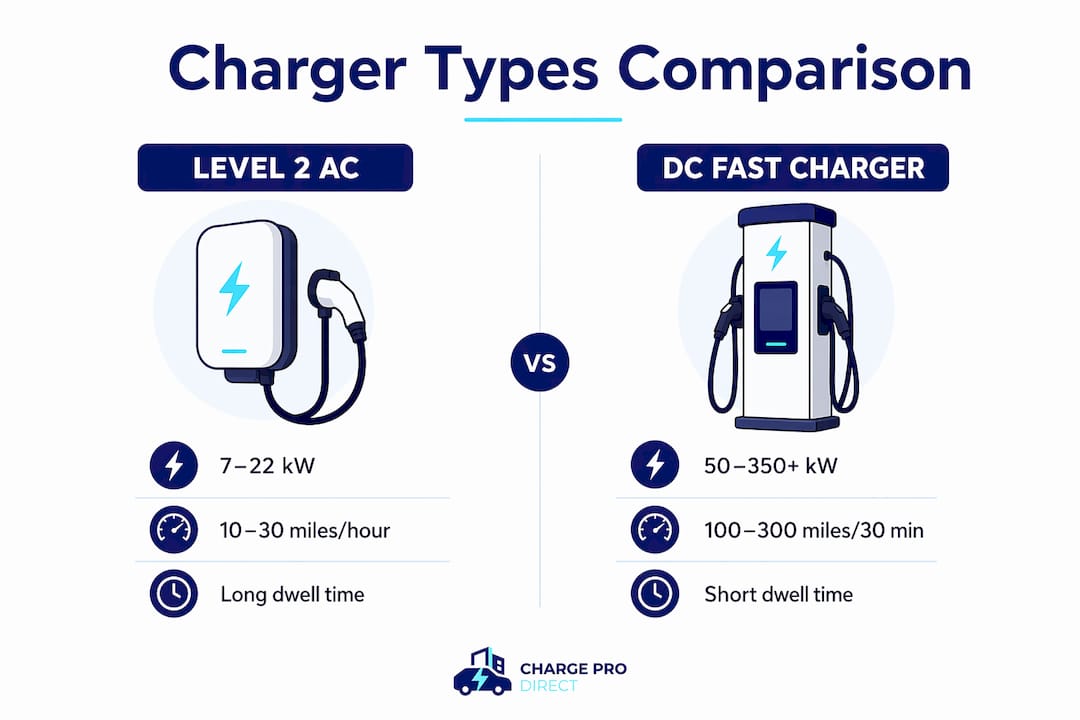 Infographic comparing Level 2 AC and DC Fast commercial EV chargers