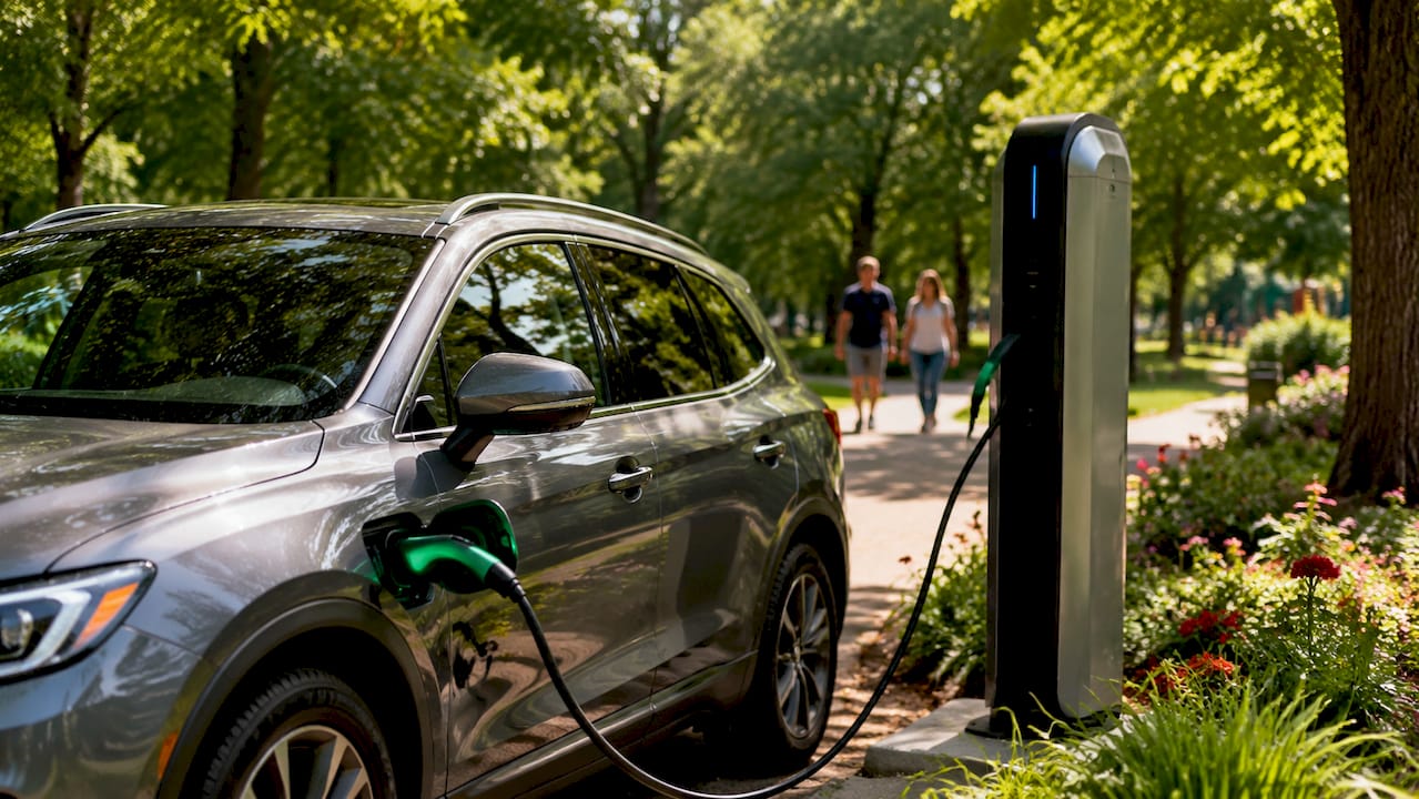 Plug-in hybrid car charging at urban station at sunrise