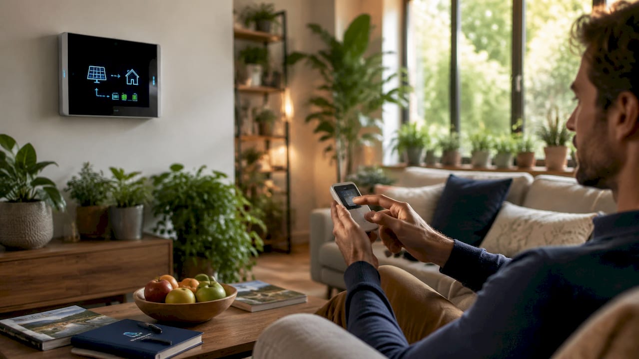 Hands adjusting smart energy device in kitchen