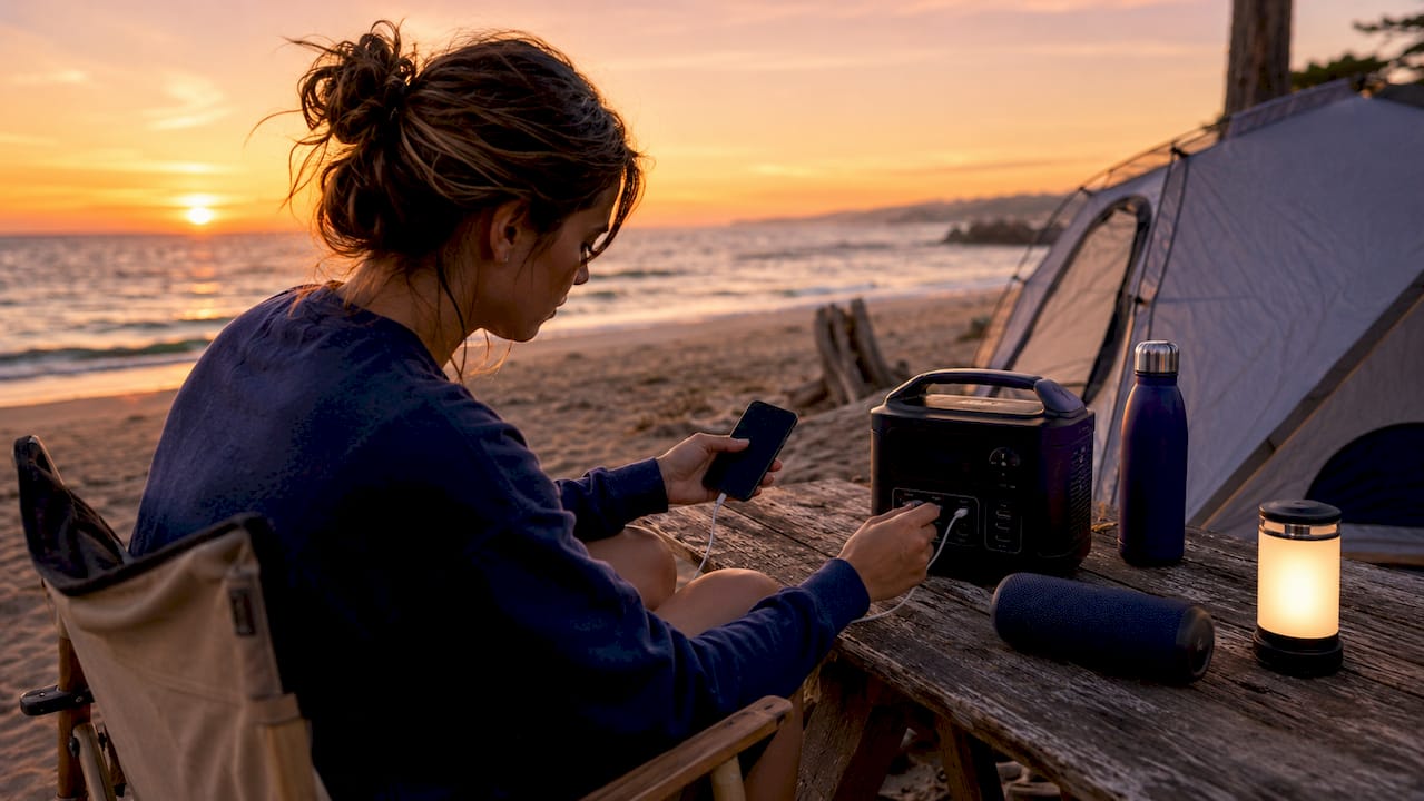 Woman camping with portable power station outdoors