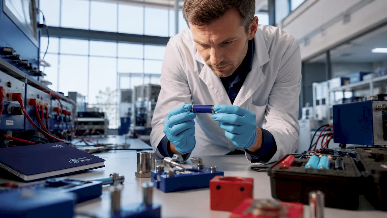 Lab technician examining lithium iron phosphate battery