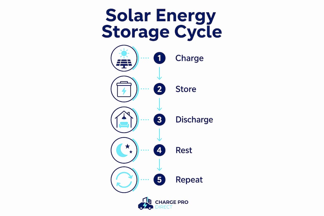 Infographic illustrating solar energy storage cycle steps