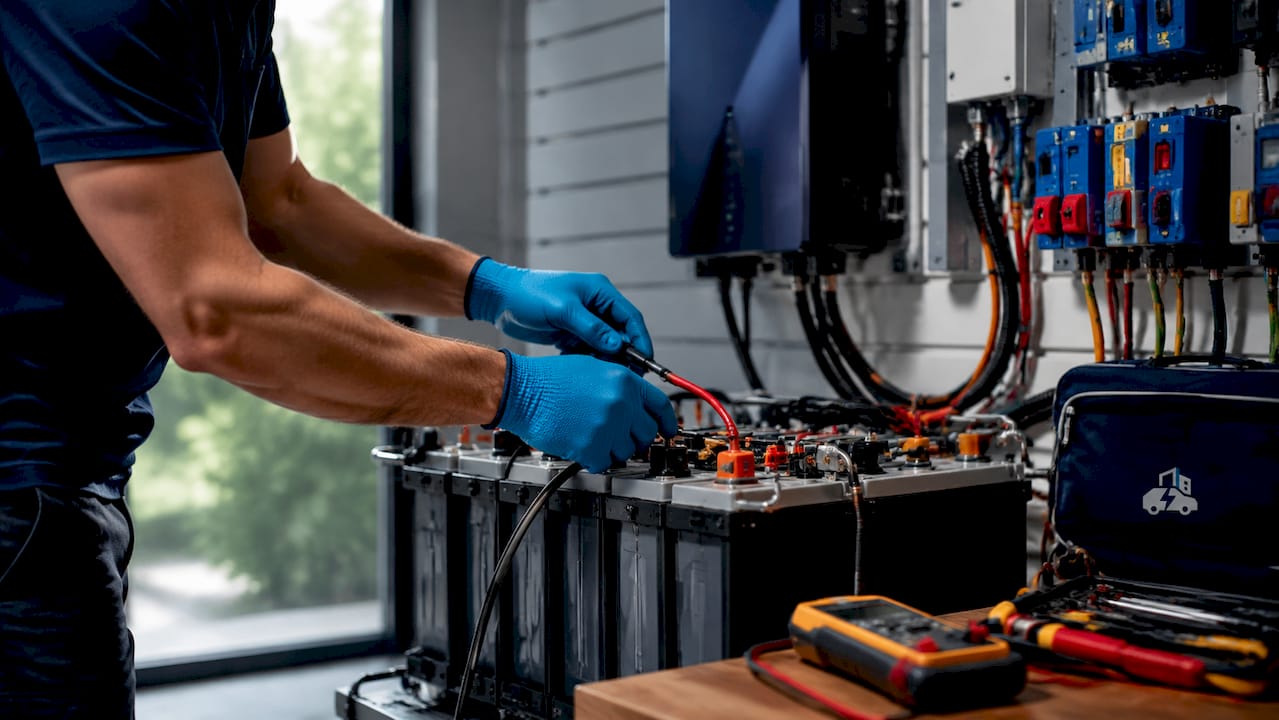 Hands connecting cables to lithium iron phosphate battery