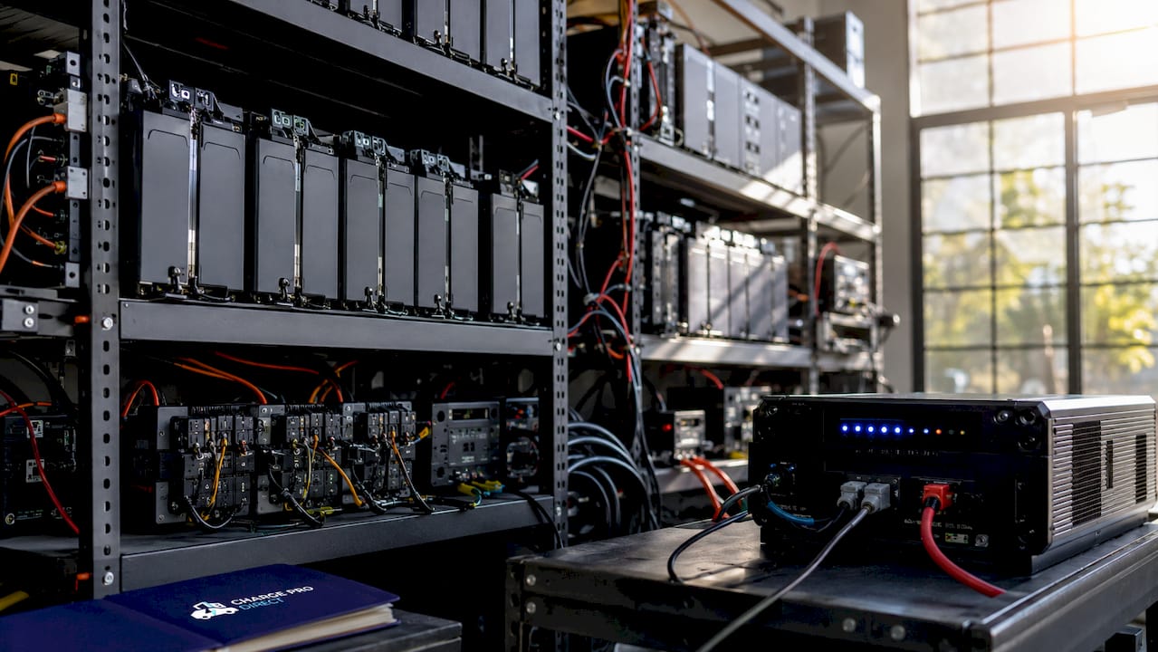 Close-up of commercial battery racks and inverter components