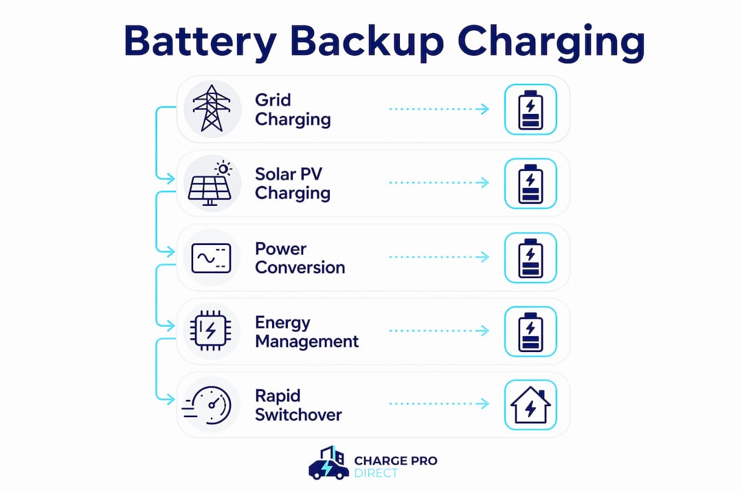 Infographic explaining commercial battery backup charging flow