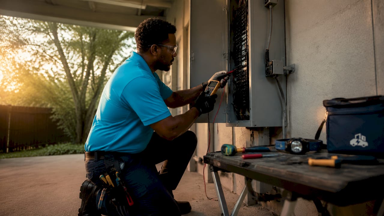 Electrician inspecting home electrical panel