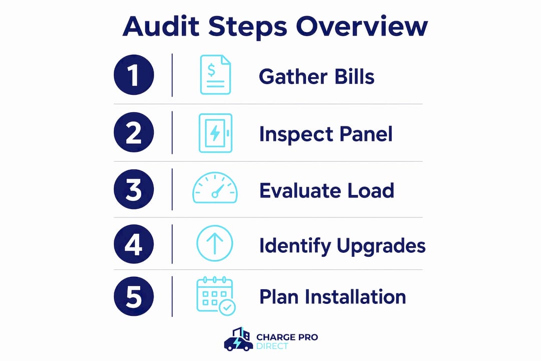 Infographic showing home energy audit steps for EV charging