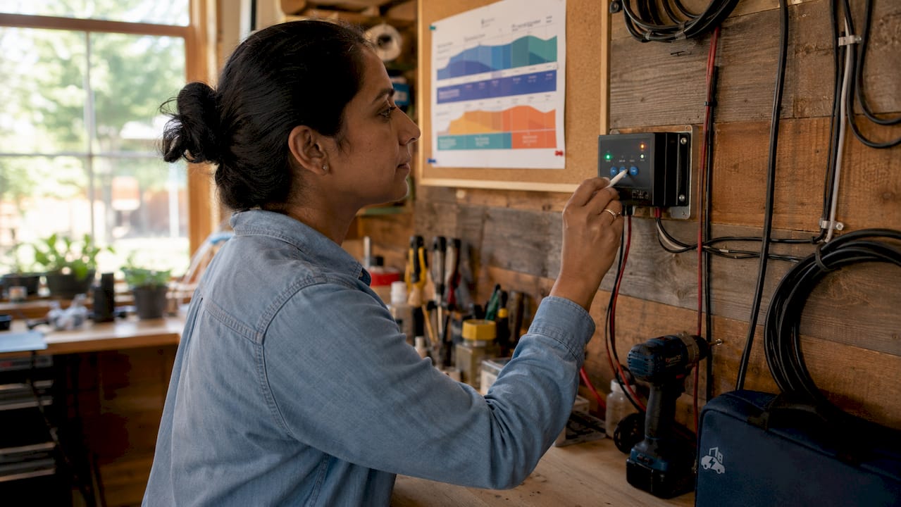 Close-up of hands adjusting solar charge controller