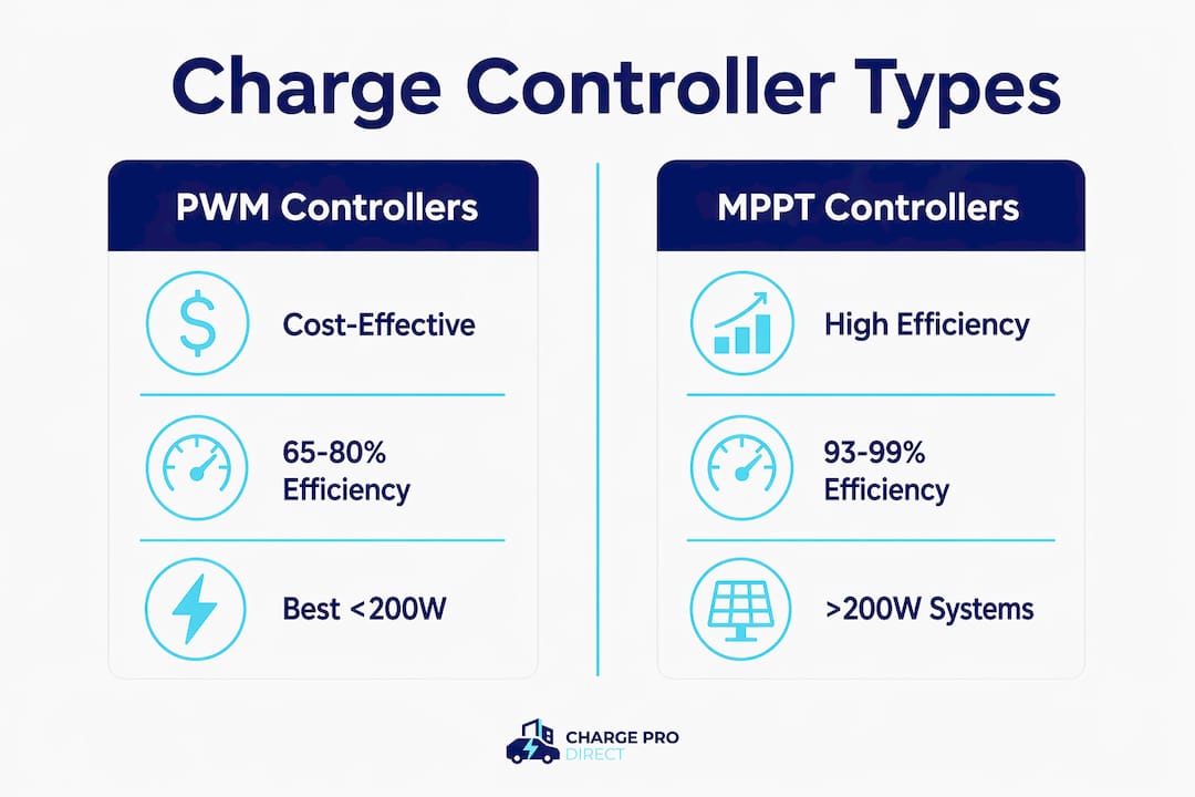 Infographic comparing PWM and MPPT solar charge controllers