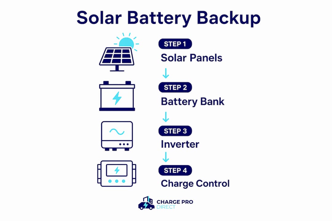 Infographic showing solar battery backup system components flow