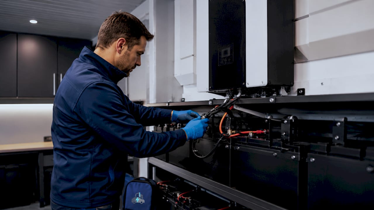 Technician connecting solar battery cables indoors