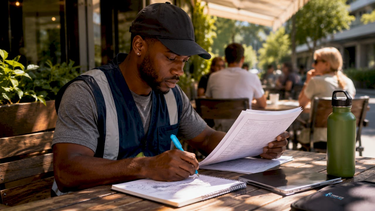 Installer reviewing solar permit documents indoors