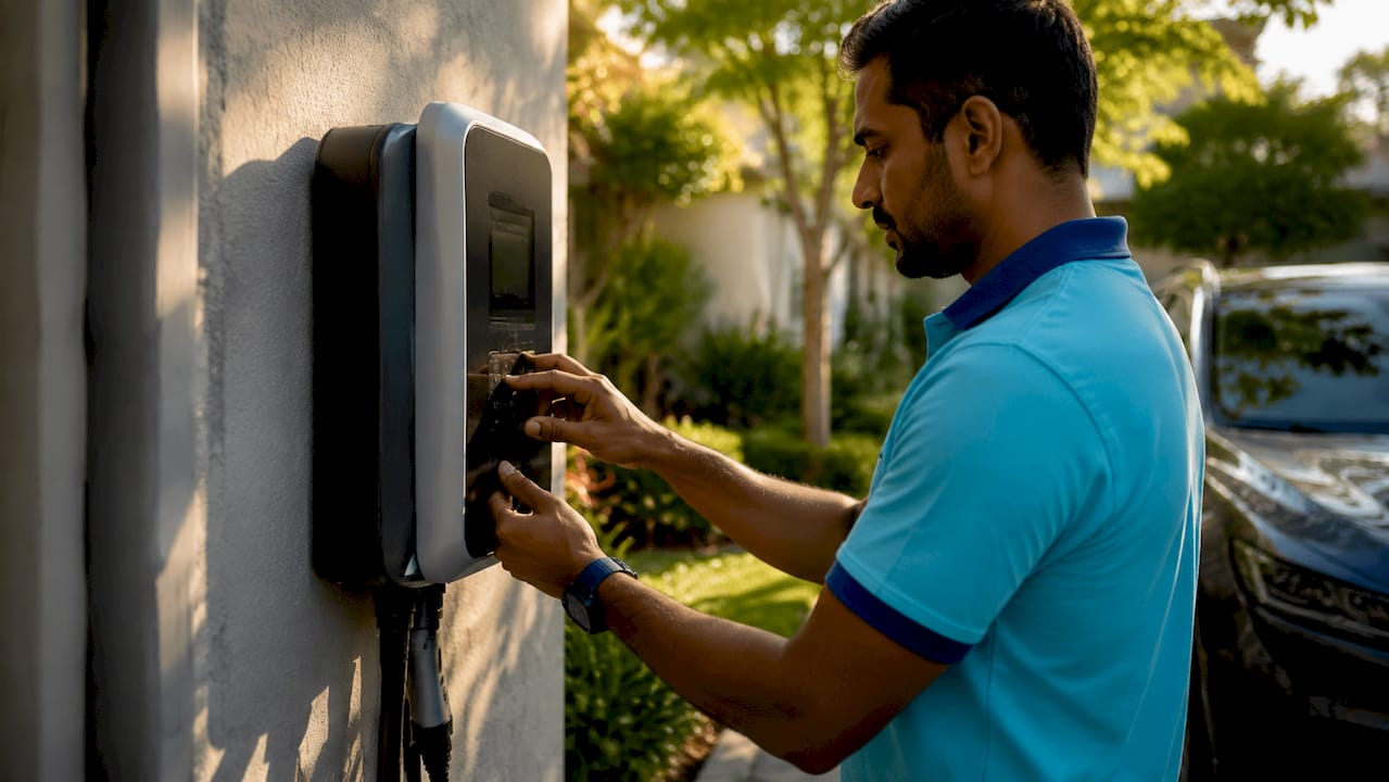Hands adjusting home EV charger settings