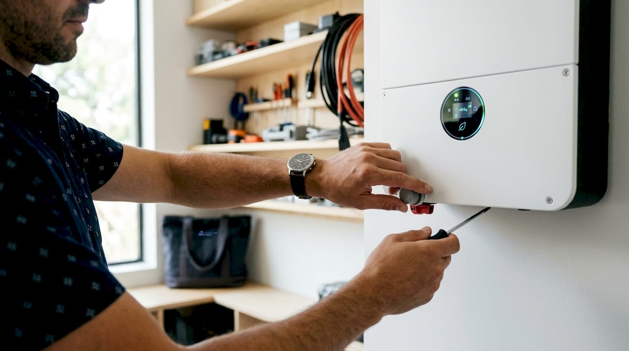 Hands adjusting solar inverter on garage wall