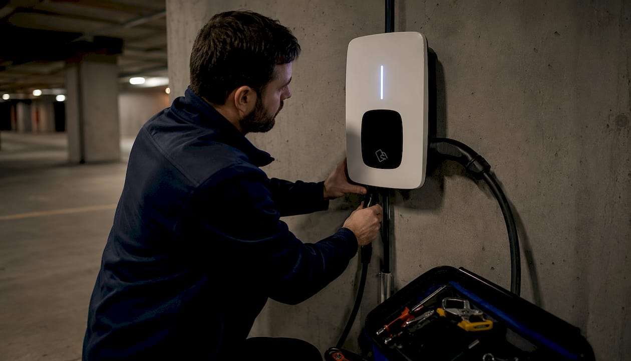 Hands connecting smart EV charger hardware